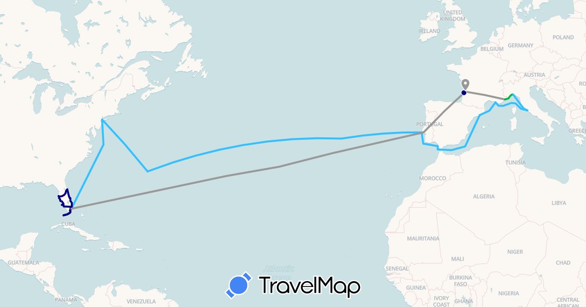 TravelMap itinerary: driving, bus, plane, boat in Bermuda, Spain, France, Italy, Portugal, United States (Europe, North America)